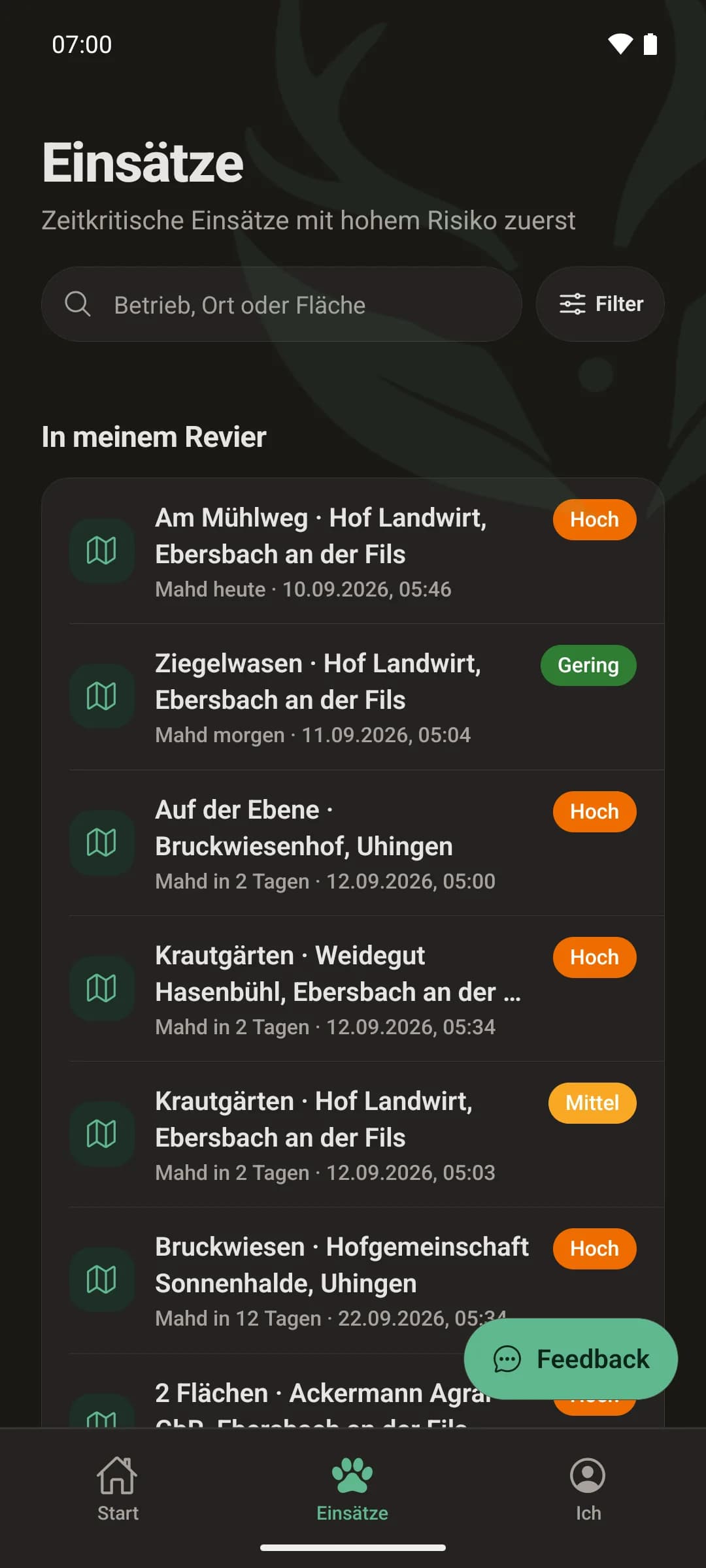 Jägersicht „In meinem Revier“: gemeldete Mahden im eigenen Revier mit Betrieb, Ort, Termin und Risiko-Ampel je Zeile