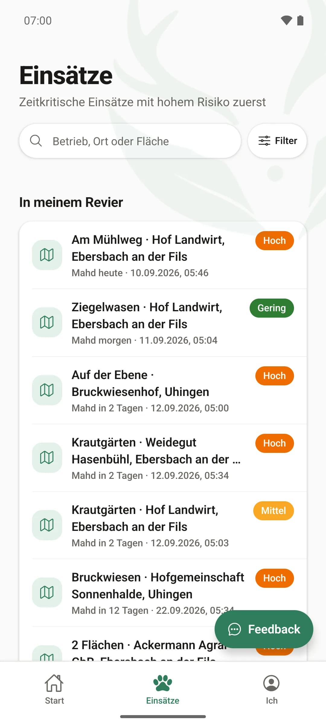 Jägersicht „In meinem Revier“: gemeldete Mahden im eigenen Revier mit Betrieb, Ort, Termin und Risiko-Ampel je Zeile