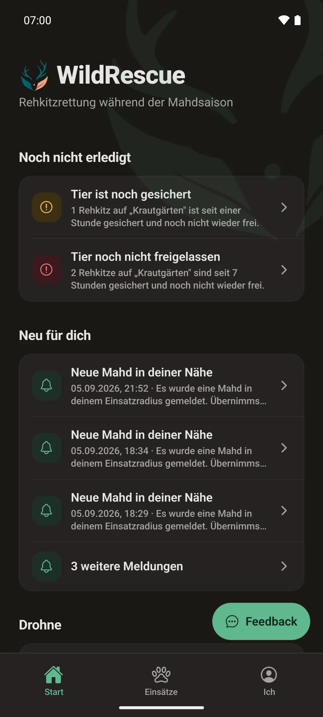 Startbildschirm der WildRescue-App: oben „Noch nicht erledigt“ mit zwei gesicherten Tieren, die noch freigelassen werden müssen, darunter „Neu für dich“ mit gemeldeten Mahden in der Nähe