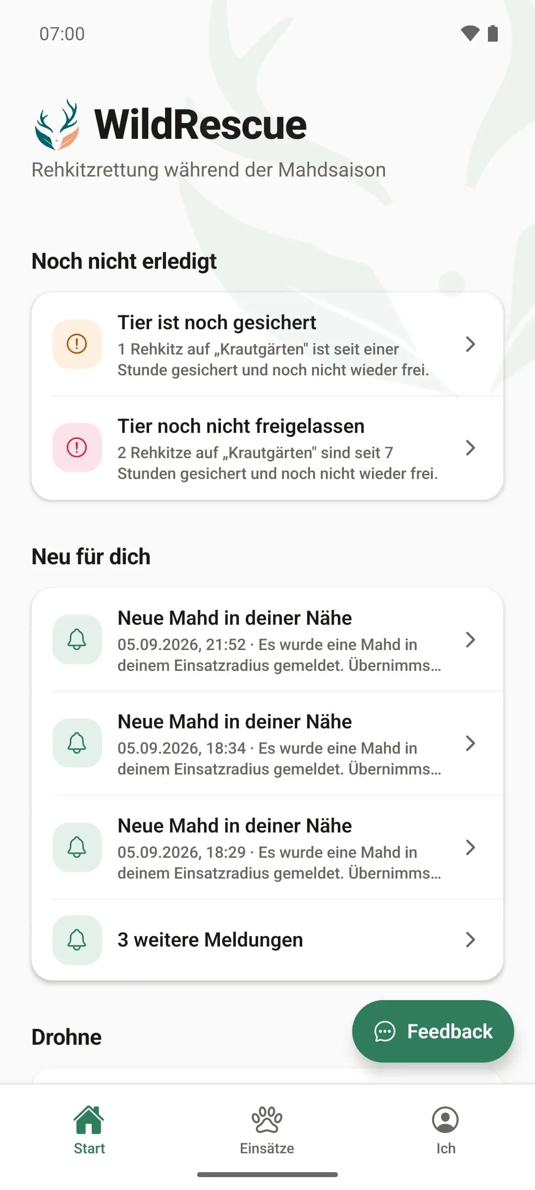 Startbildschirm der WildRescue-App: oben „Noch nicht erledigt“ mit zwei gesicherten Tieren, die noch freigelassen werden müssen, darunter „Neu für dich“ mit gemeldeten Mahden in der Nähe